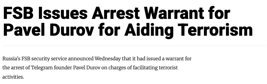 Headline from The Moscow Times: FSB Issues Arrest Warrant for Pavel Durov for Aiding Terrorism
