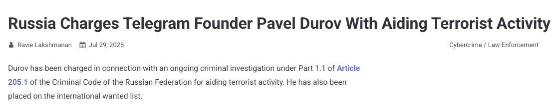 Headline from The Hacker News: Russia Charges Telegram Founder Pavel Durov With Aiding Terrorist Activity