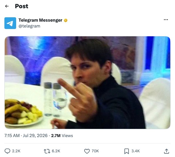 Telegram's official X account post responding to the FSB charges, 29 July 2026