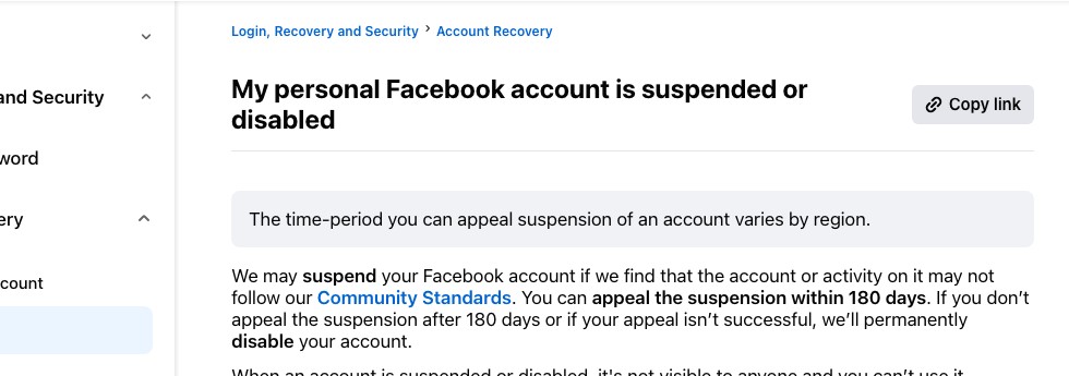 Official Facebook Help Center page about suspended or disabled accounts