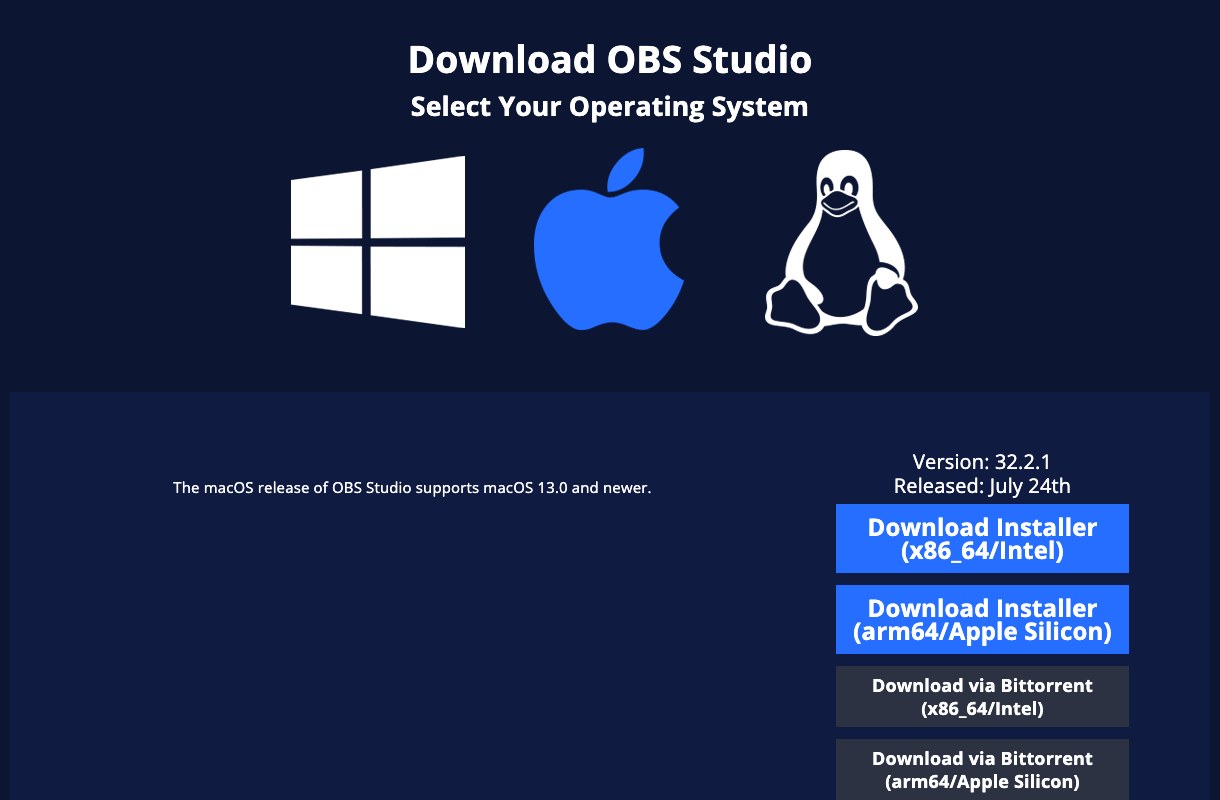 Official OBS Studio download page showing version 32.2.1