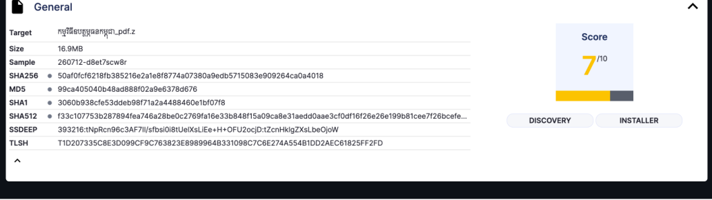 Sandbox flagged the file as malicious with a 7 out of 10 threat score